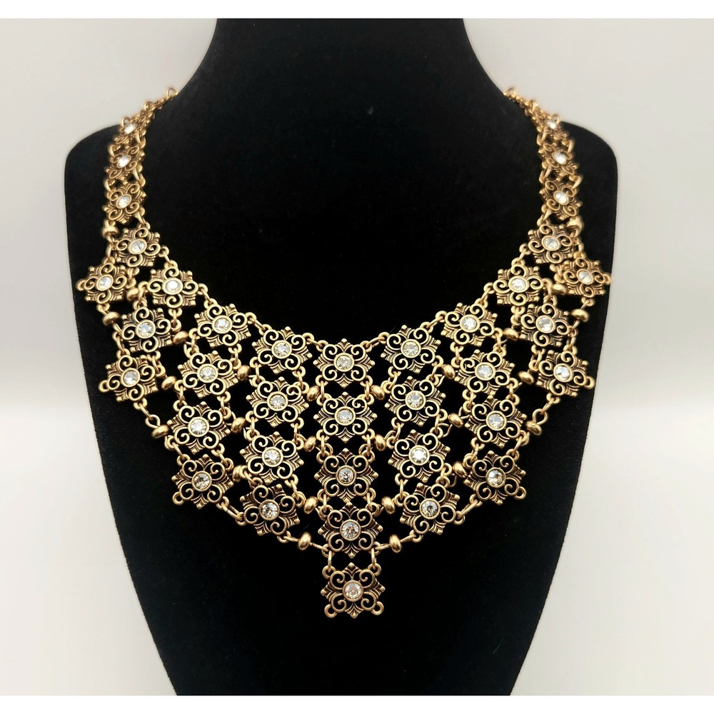 Chicos Antique Gold Tone Filigree Crystal Bib Statement Necklace NWT
